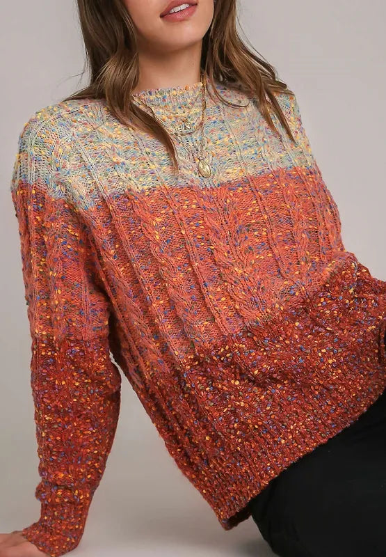 Orange-Red Cable-Knit Color Block Round Neck Long Sleeve Sweater | Sweaters Daverri Fashions