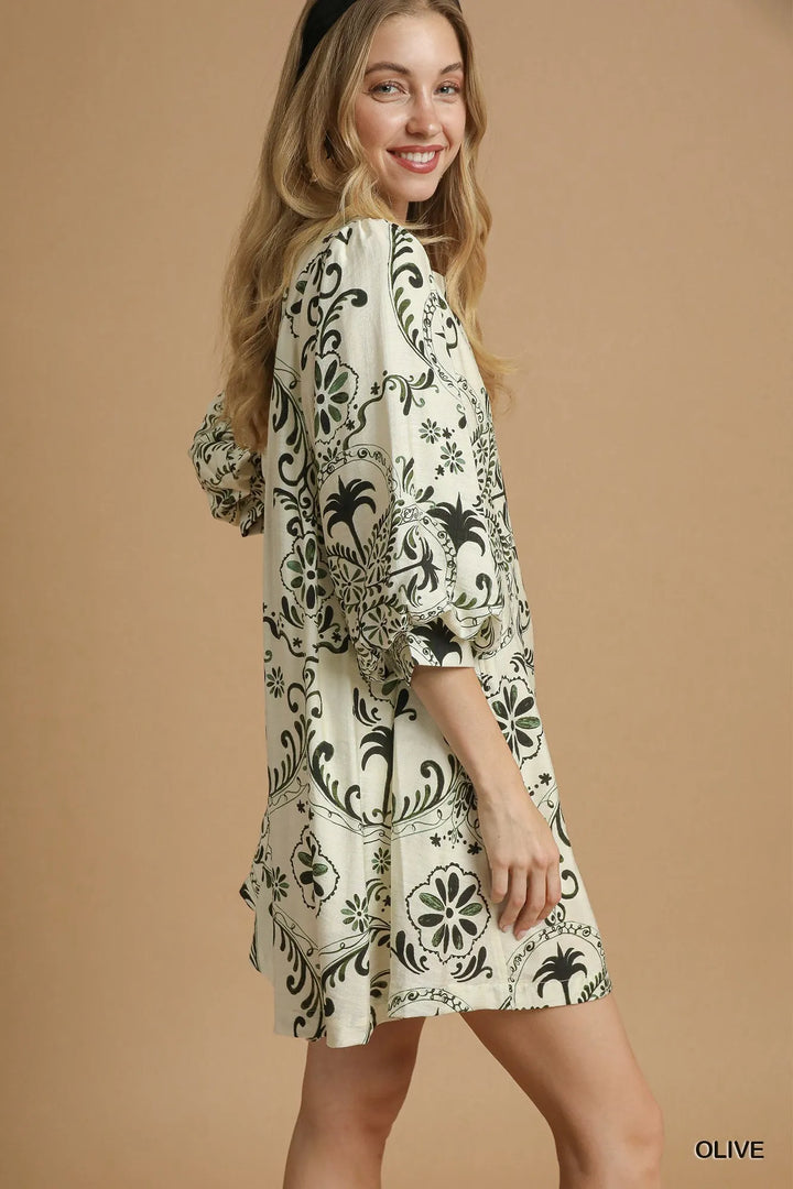 Umgee Boho Printed Balloon Sleeve Mini Dress Mini Dresses