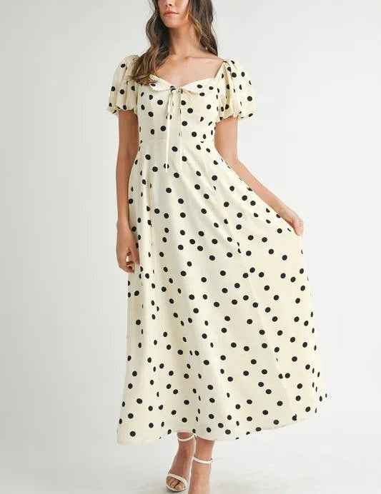 Cream MABLE Polka Dot Puff Sleeve Midi Dress | Daverri Fashions