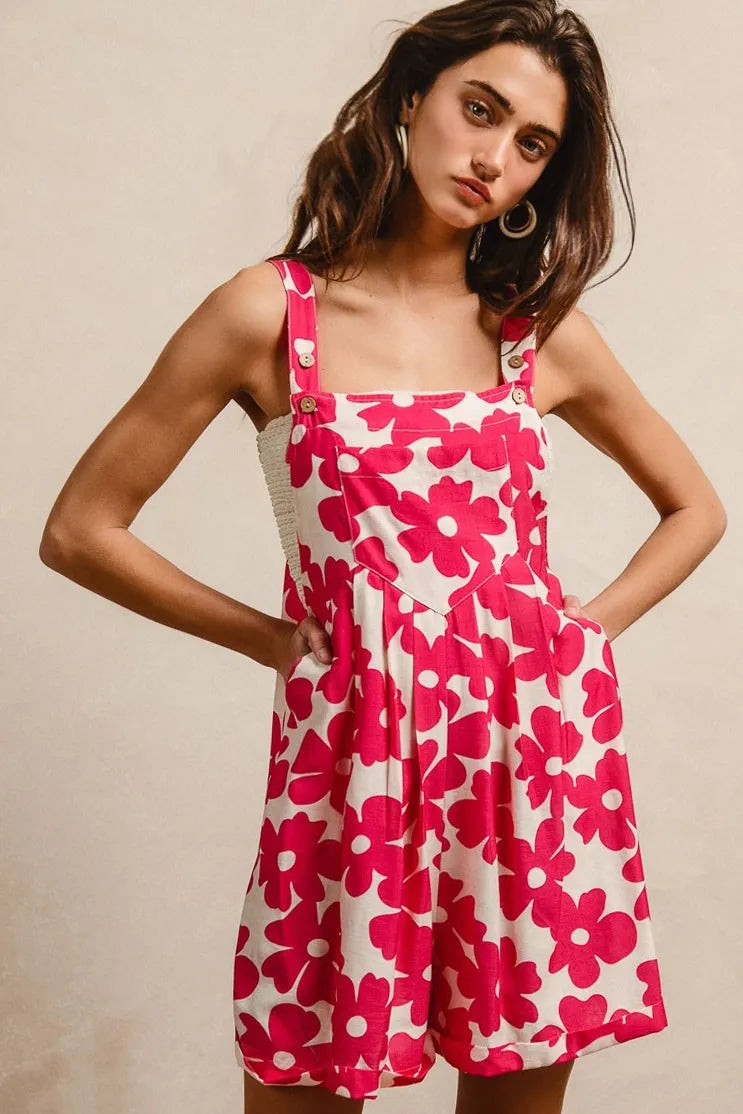 BiBi Floral Prints Tuck Detail Short Overall With Pockets FUCHSIA Overalls