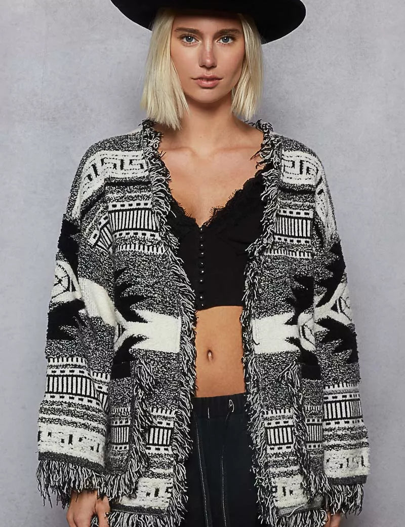 BLACK MULTI POL Open Front Geometric Print Cardigan with Fringe Detail | Cardigans Daverri Fashions