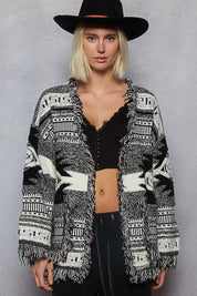 BLACK MULTI POL Open Front Geometric Print Cardigan with Fringe Detail | Cardigans Daverri Fashions