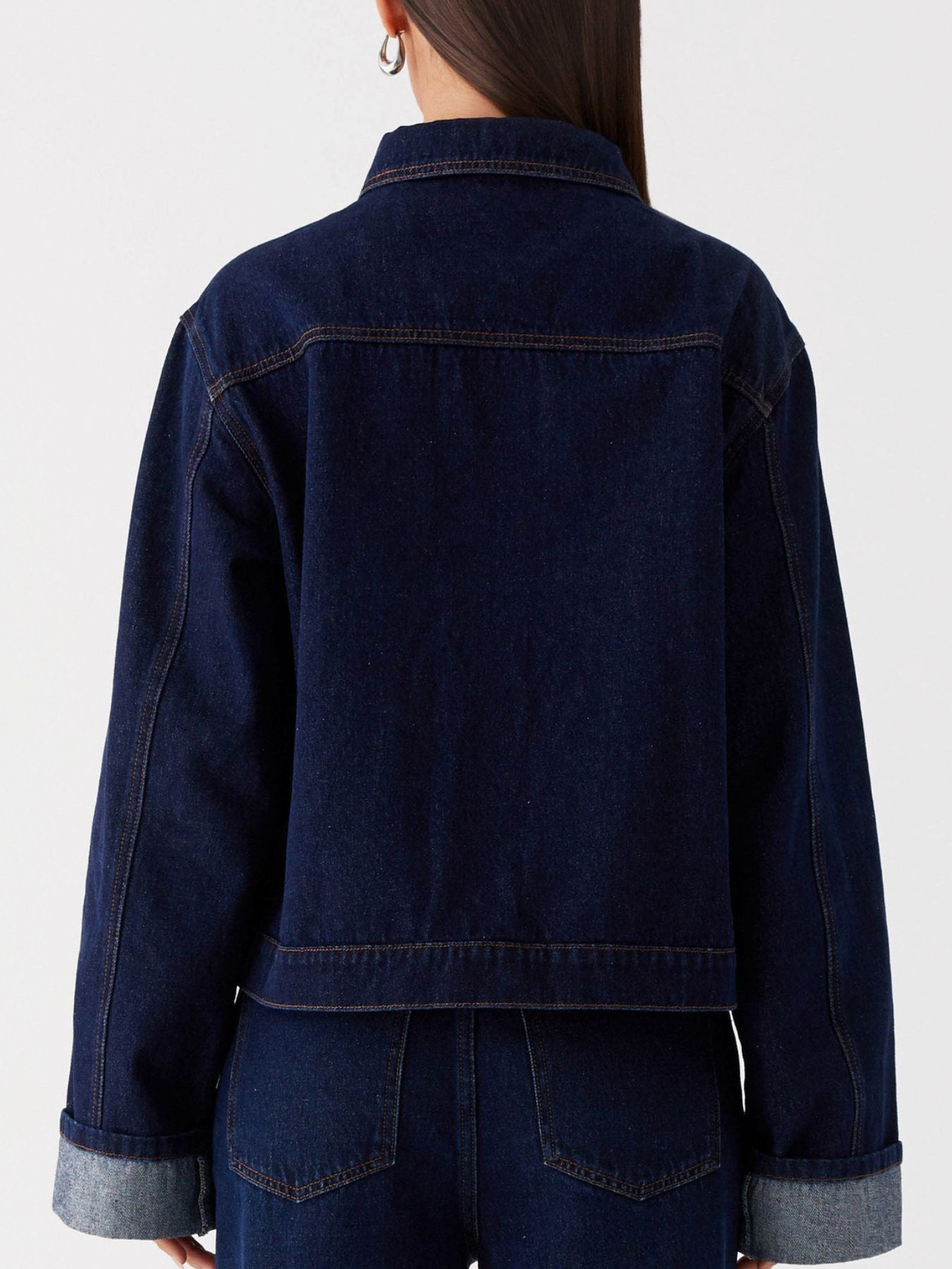 Daverri cropped oversized denim jacket with rolled cuffs showing gray lining