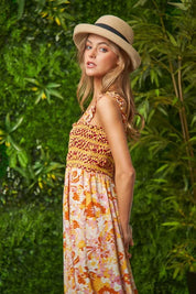 Davi & Dani Multi Smocked Bodice Geo Ruffle Strappy Midi Dress | Midi Dresses Daverri Fashions
