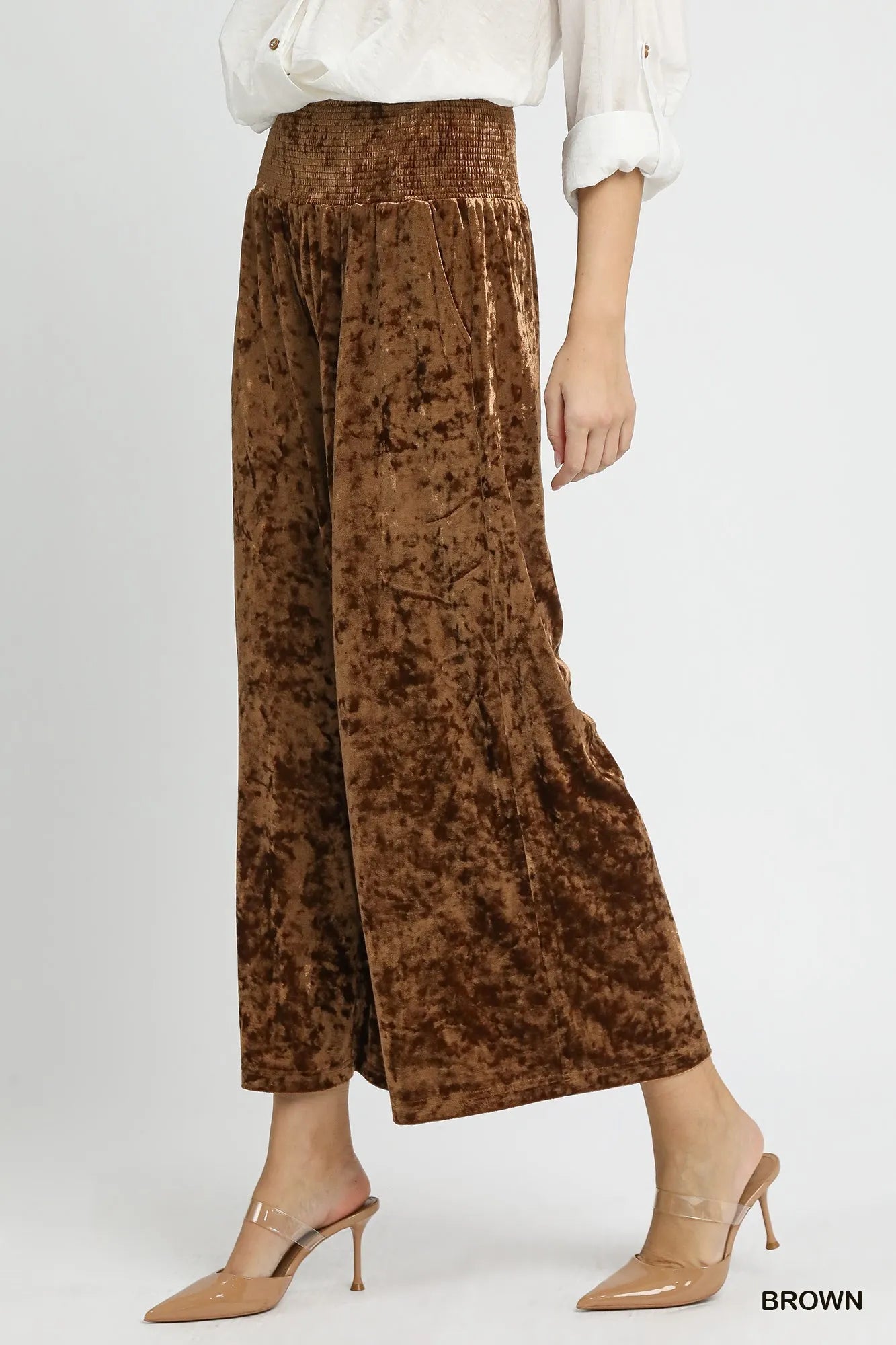 Umgee Velvet Smocked Waistband Wide Leg Pants Pants