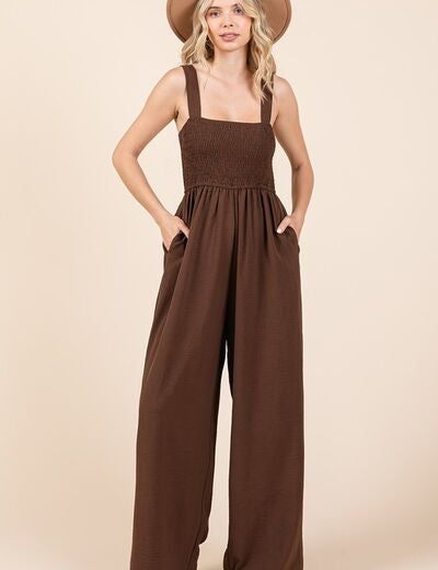 Mittoshop Smocked Wide Strap Wide Leg Overalls Ash Brown Overalls