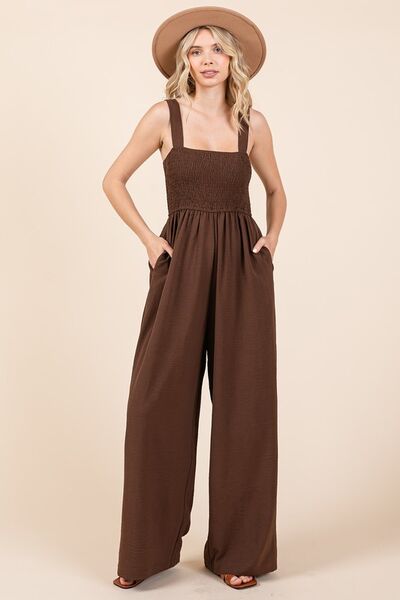 Mittoshop Smocked Wide Strap Wide Leg Overalls Ash Brown Overalls