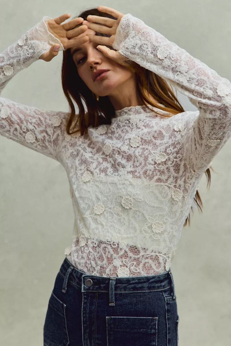 White SO ME floral lace long-sleeved layering top