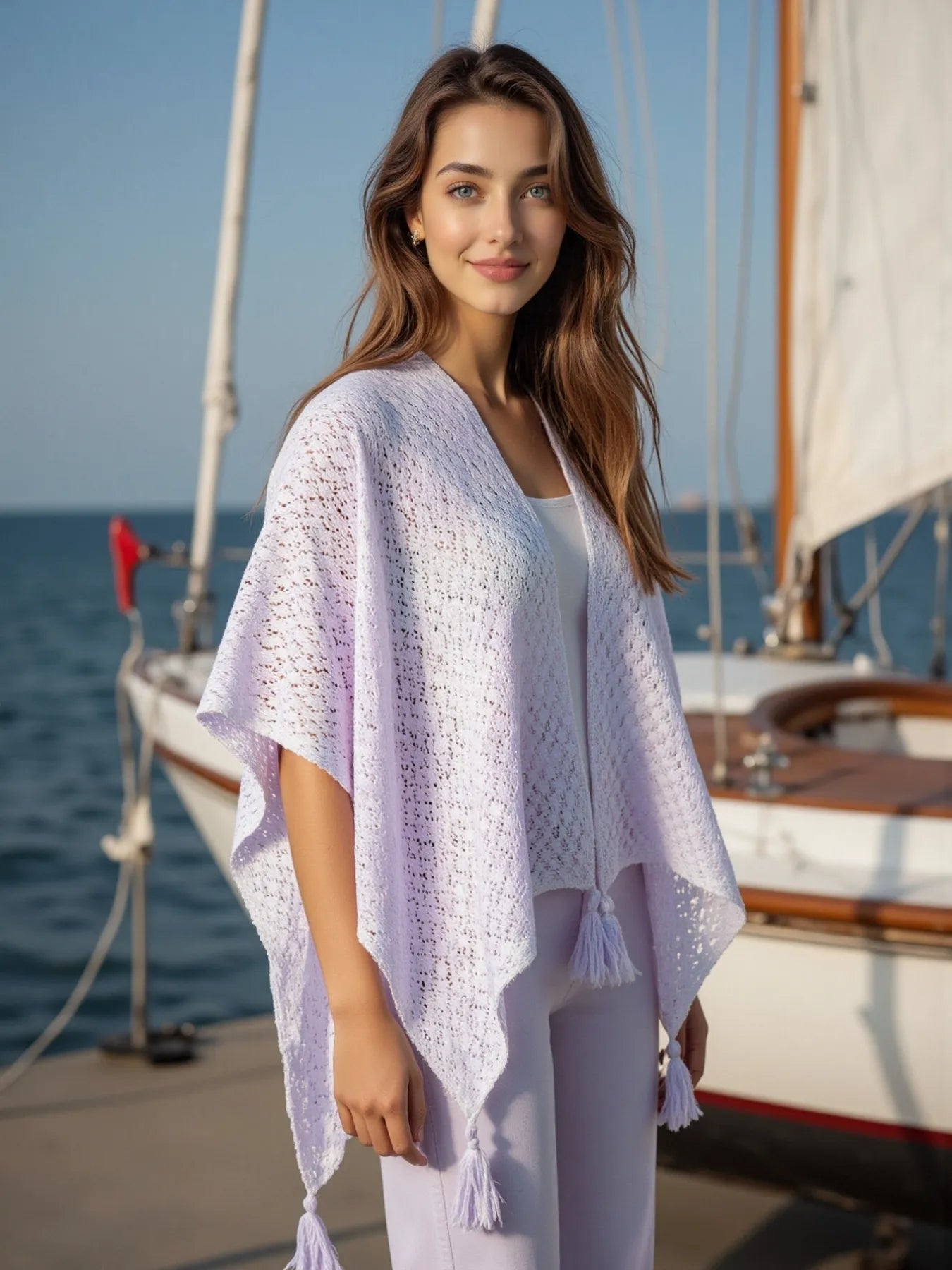 Light lavender Daverri openwork tassel gradient knit poncho