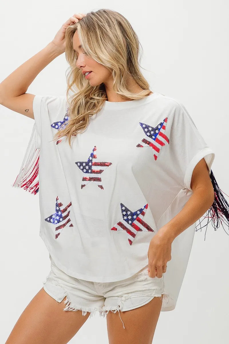BiBi American Flag Sequin Star Fringe Top | Tops Daverri Fashions