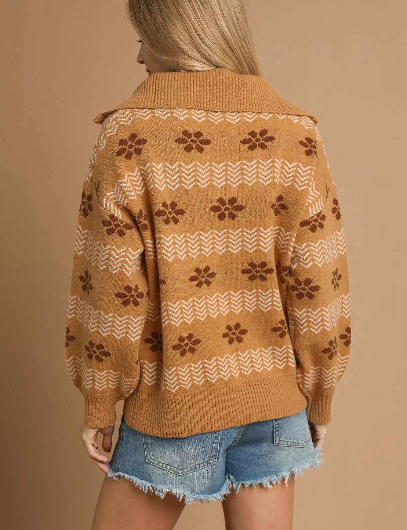 Umgee Floral Patterned Jacquard Quarter-Zip Pullover Sweater Taupe | Sweaters Daverri Fashions