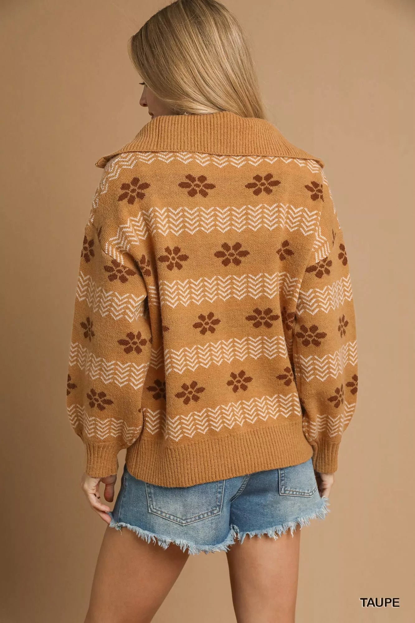 Umgee Floral Patterned Jacquard Quarter-Zip Pullover Sweater | Sweaters Daverri Fashions