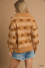 Umgee Floral Patterned Jacquard Quarter-Zip Pullover Sweater | Sweaters Daverri Fashions