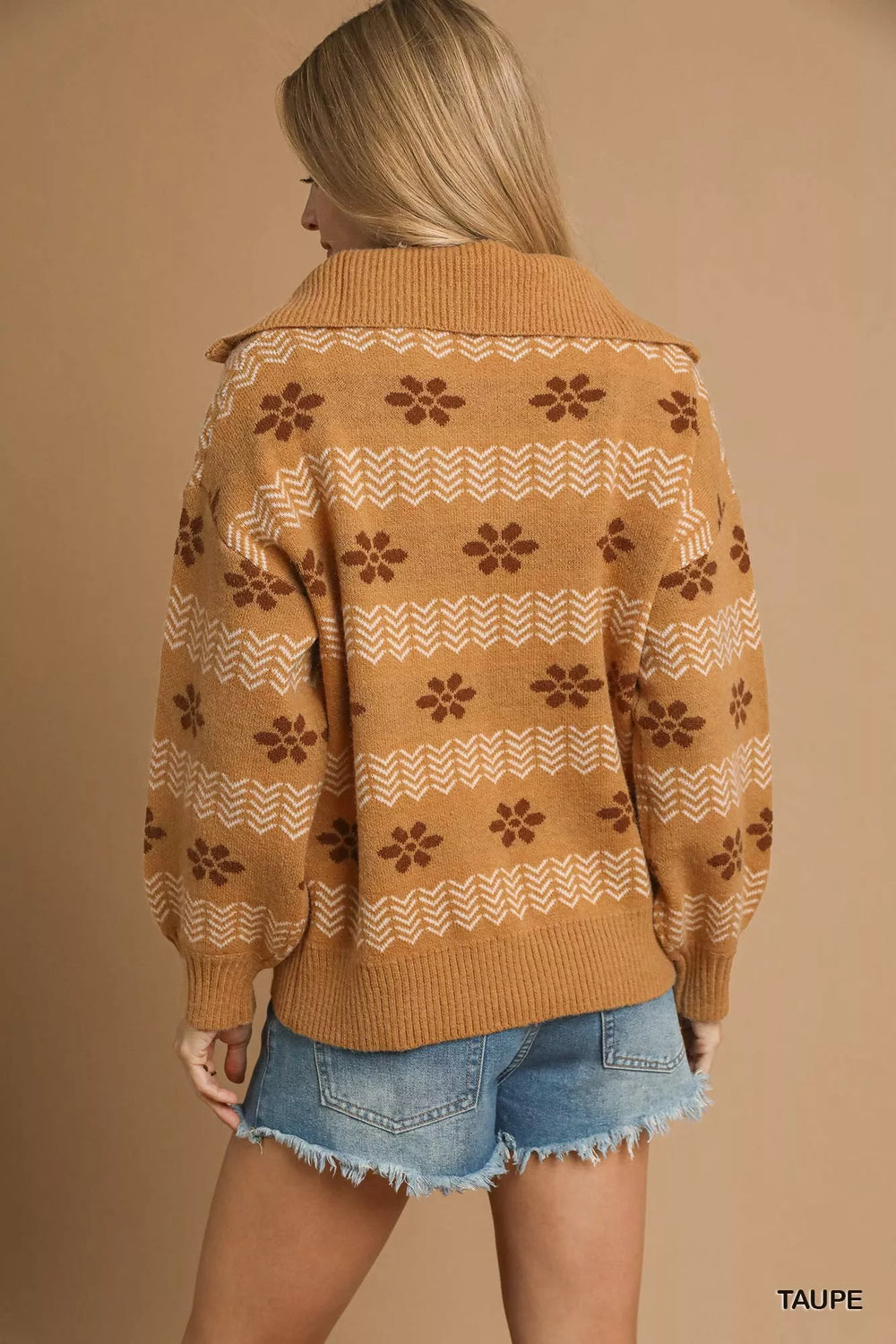 Umgee Floral Patterned Jacquard Quarter-Zip Pullover Sweater | Sweaters Daverri Fashions