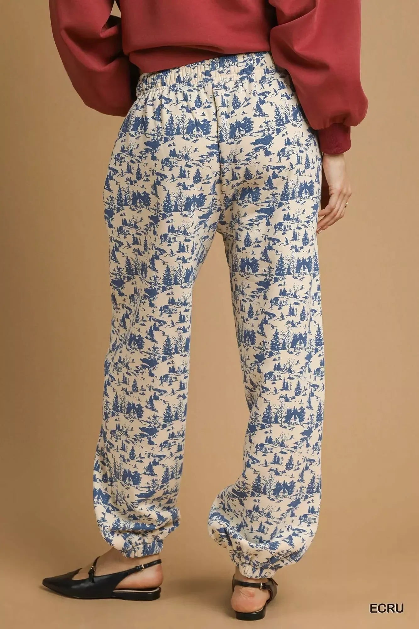 Umgee Scenic Print Casual Sweatpants Ecru - DAVERRI FASHIONS