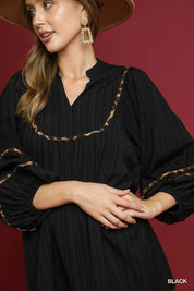 Umgee Full Size Textured Babydoll Dress with Leopard Trim Plus Size | Daverri Fashions