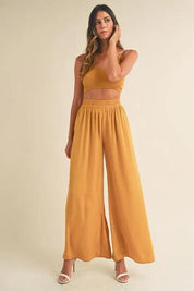 MABLE Smocked Bralette Crop Top and Wide Leg Pants Set Gold | Outfit Sets Daverri Fashions