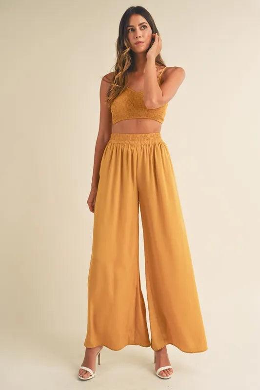 MABLE Smocked Bralette Crop Top and Wide Leg Pants Set Outfit Sets