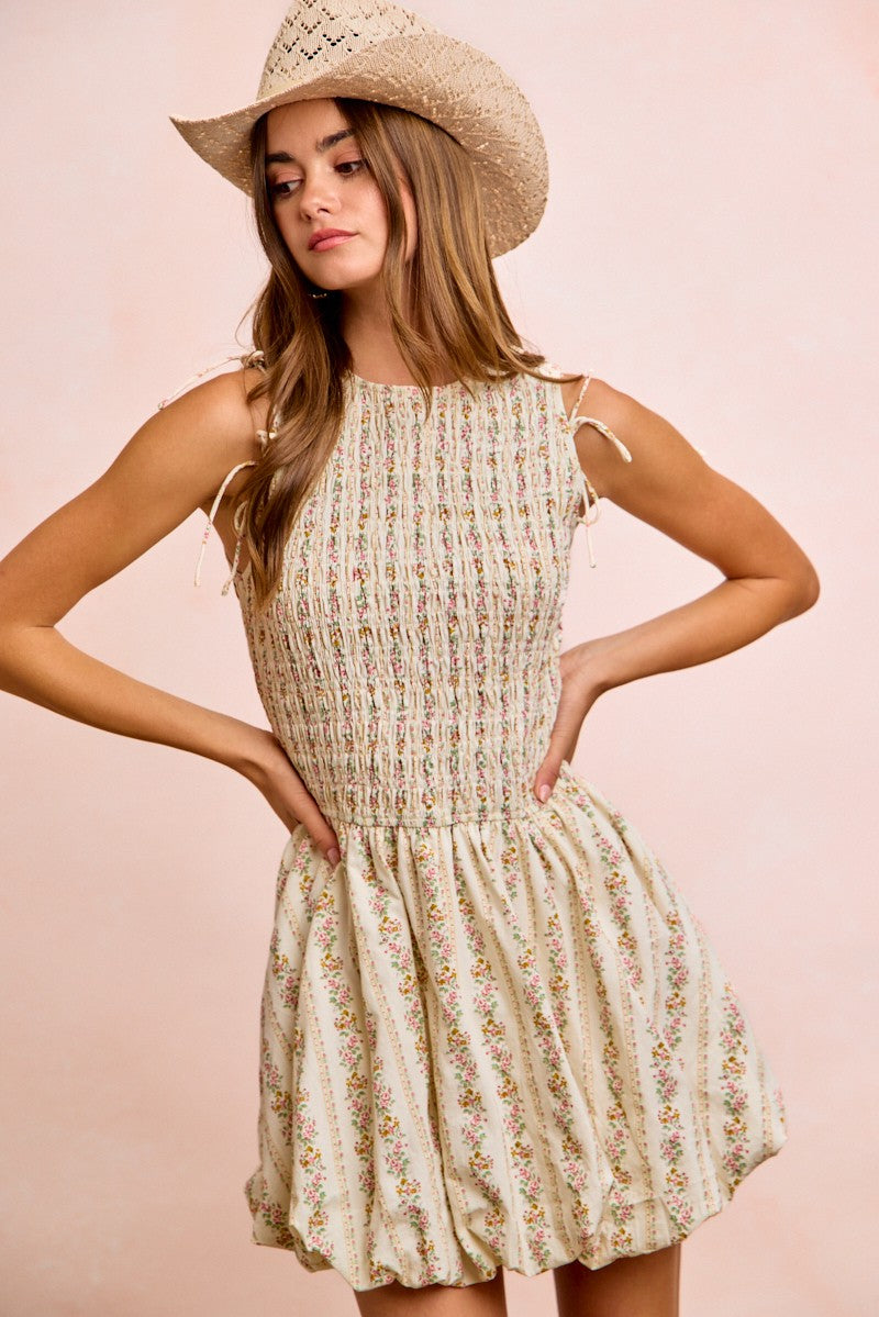 BiBi Floral Bow Tie Attachable Puff Sleeves cream dress with smocked bodice