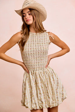 BiBi Floral Bow Tie Attachable Puff Sleeves cream dress with smocked bodice