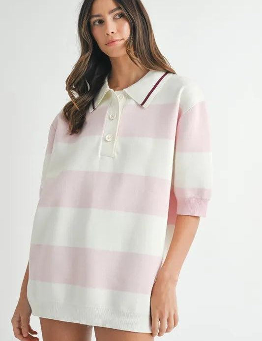 MABLE Oversized Stripe Polo Collar Sweater | Sweaters Daverri Fashions