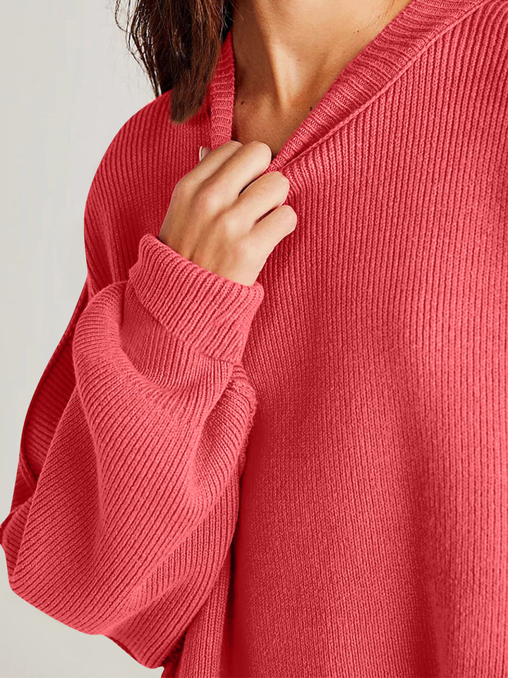 Side Slit Round Neck Long Sleeve Sweater Tops