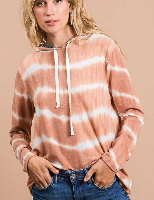 BiBi Tie Dye Stripe Terry Drawstring Hoodie With Leopard | Hoodies Daverri Fashions