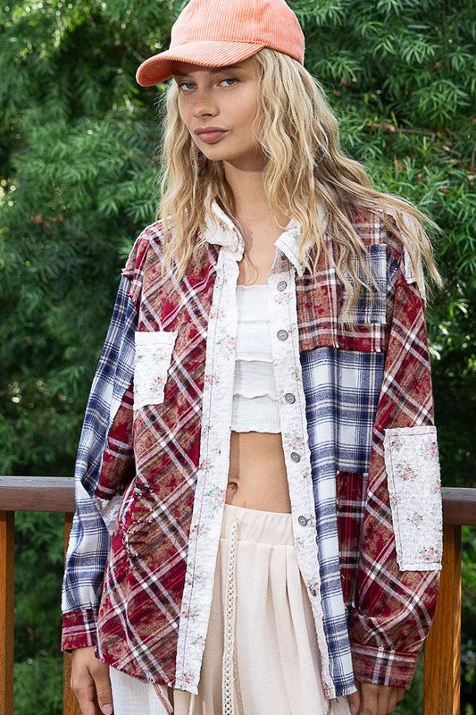 POL Patchwork Plaid Button Up Shirt Tops