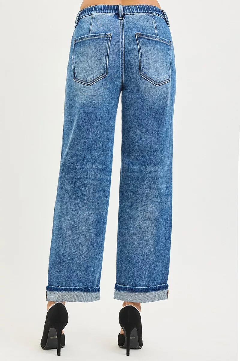 Blue Risen denim wide-leg jeans with rolled cuffs and relaxed fit