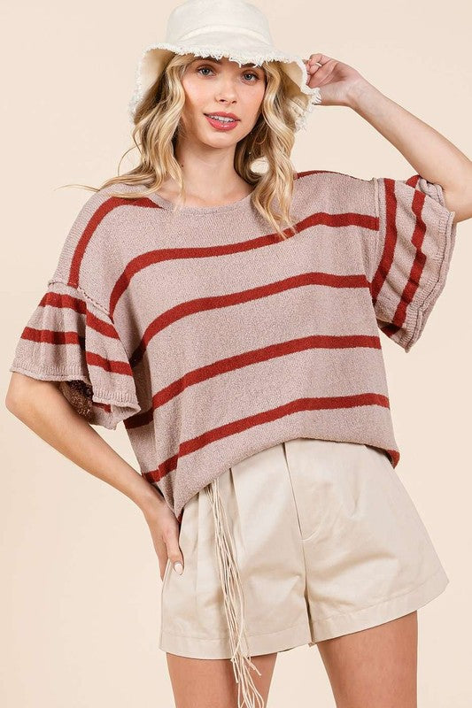 Mittoshop Striped Flounce Sleeve Knit Top Mocha Rust