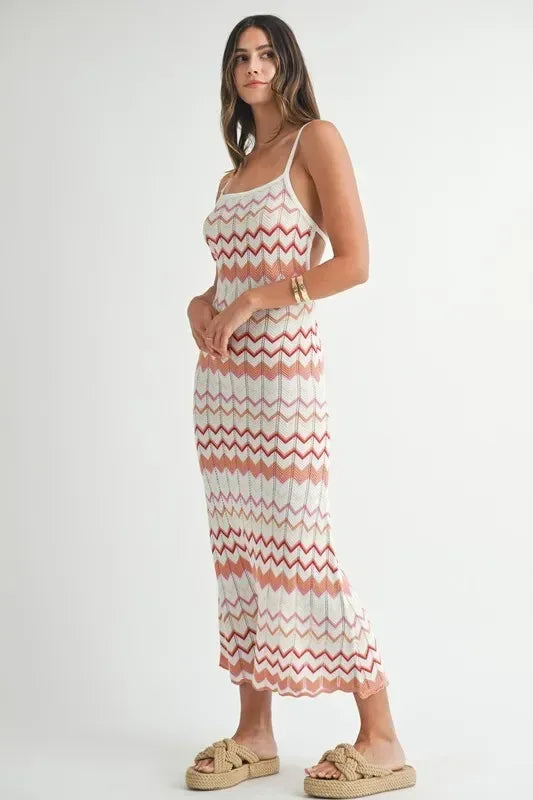 MABLE Lightweight Pointelle Chevron Knit Maxi Dress - DAVERRI FASHIONS