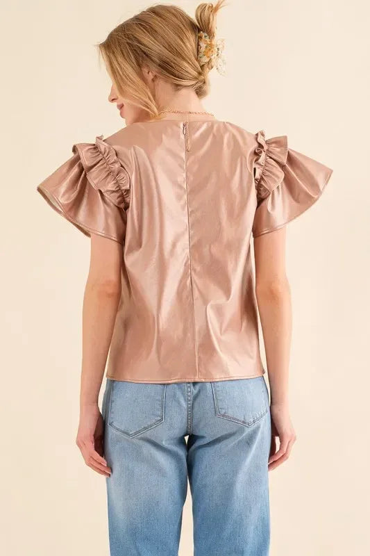 And The Why Faux Leather Ruffle Sleeves V Neck Top - DAVERRI FASHIONS
