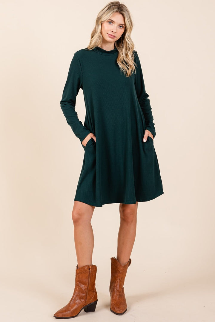 Mittoshop Mock Neck Long Sleeve Dress with Pockets Mini Dresses