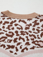 Leopard Color Block Knit Round Neck Baggy Sweater | Sweaters Daverri Fashions