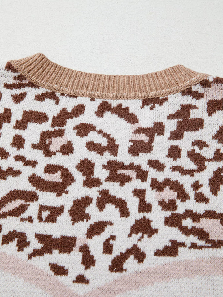 Leopard Color Block Knit Round Neck Baggy Sweater | Sweaters Daverri Fashions