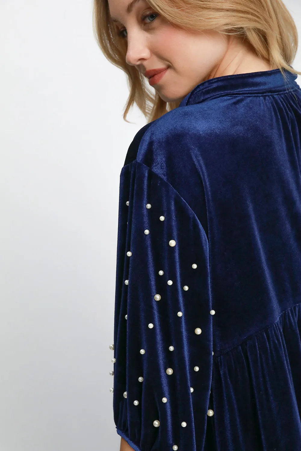 Umgee Pearl Detail Collared Neck Velvet Babydoll Blouse | Blouses Daverri Fashions