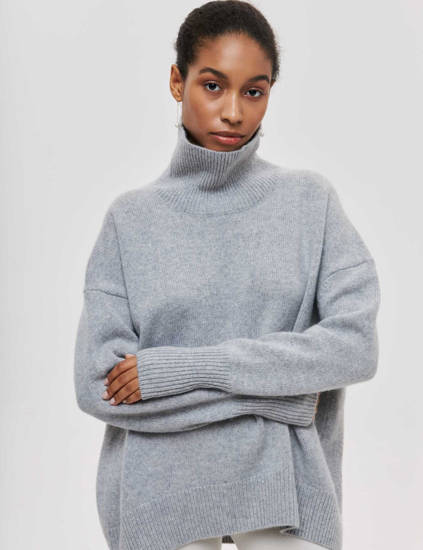 Silver Gray Loose Fit Long Sleeve Turtleneck Sweater | Sweaters Daverri Fashions