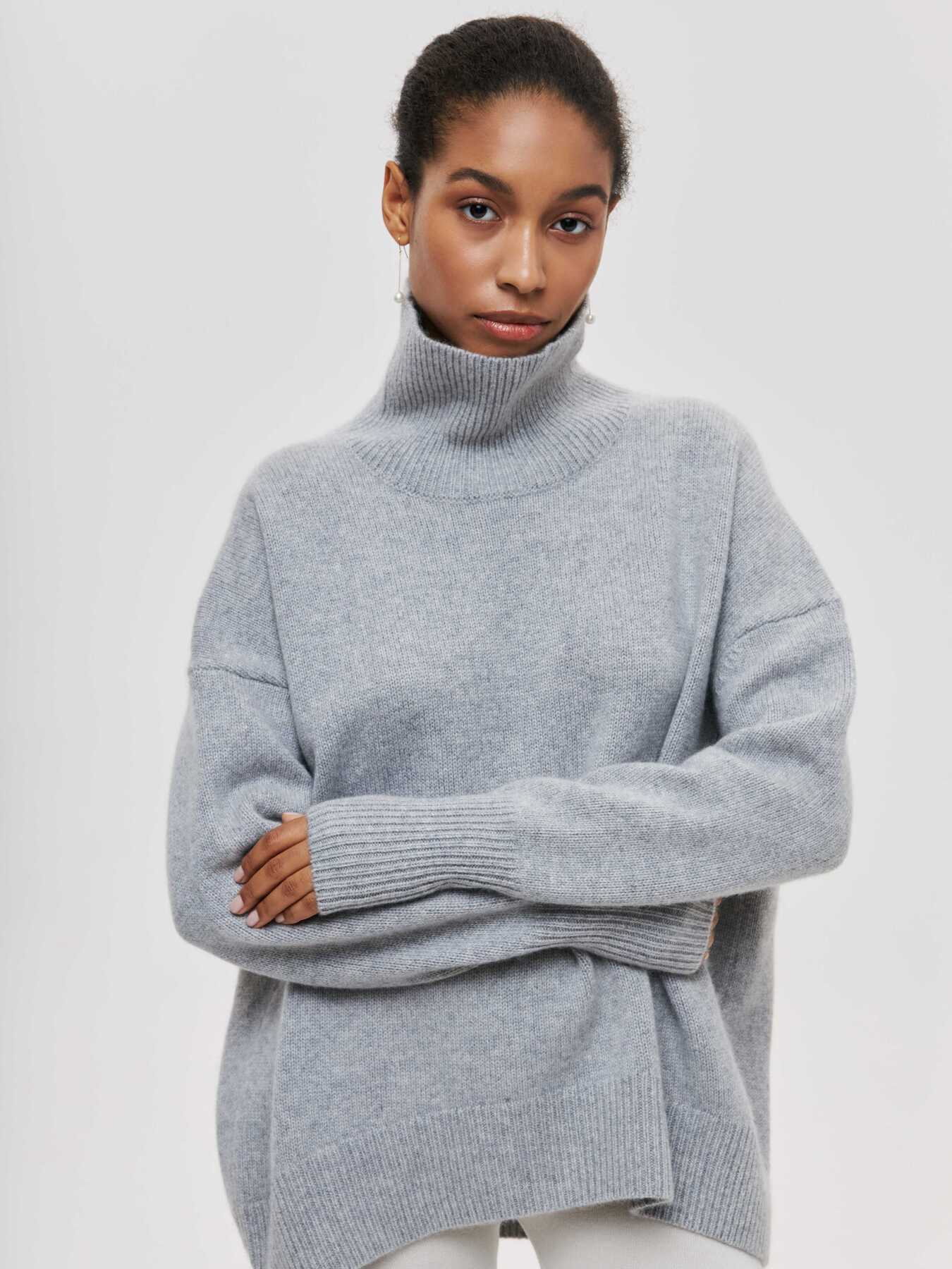 Silver Gray Loose Fit Long Sleeve Turtleneck Sweater | Sweaters Daverri Fashions