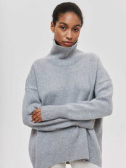 Silver Gray Loose Fit Long Sleeve Turtleneck Sweater | Sweaters Daverri Fashions