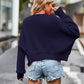Navy blue dropped shoulder round neck long sleeve knit top with ribbed cuffs