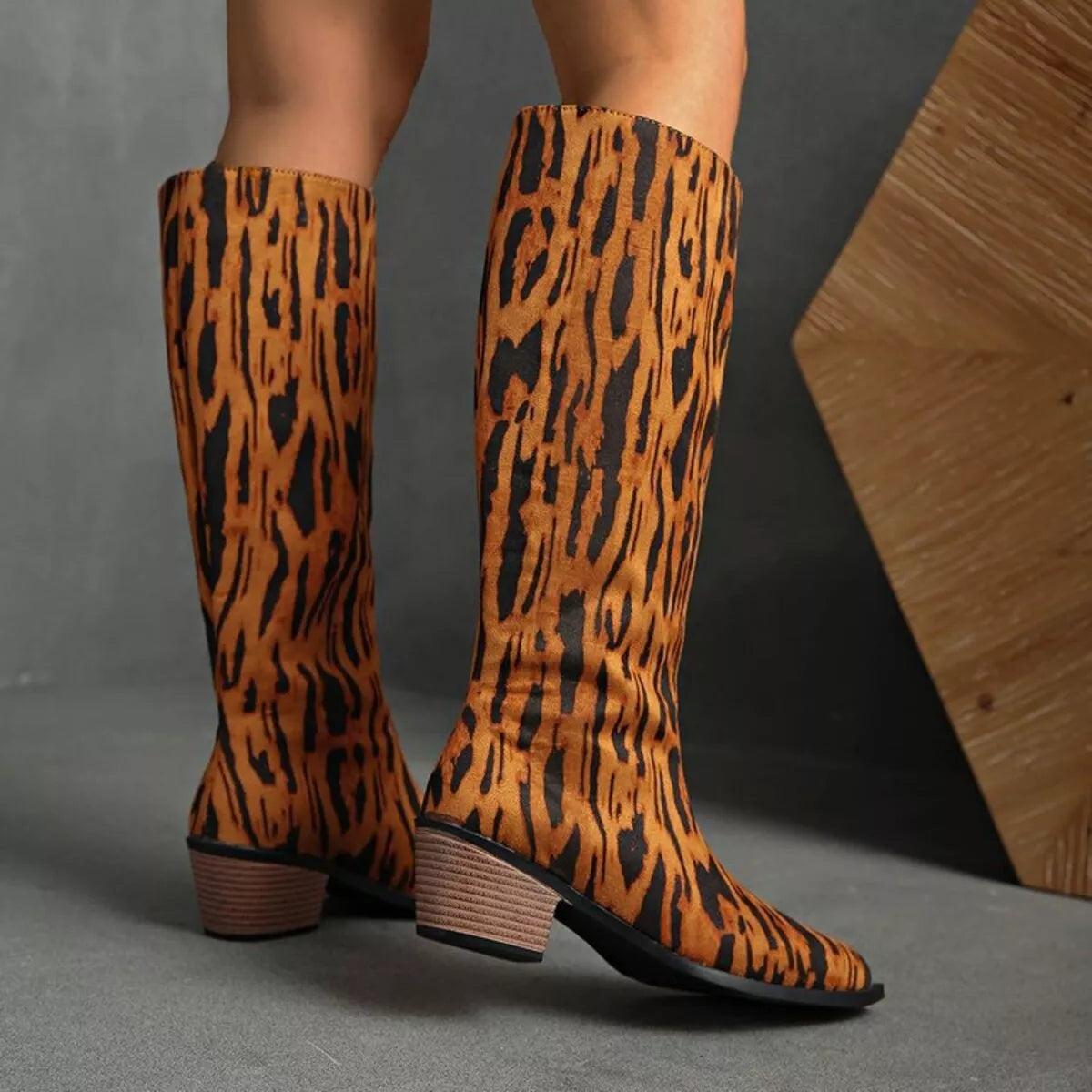 Animal Print Point Toe Block Heels Boots | Boots Daverri Fashions