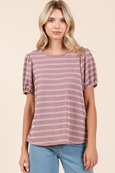 Mittoshop Contrast Striped Short Puff Sleeve Knit Top Tops