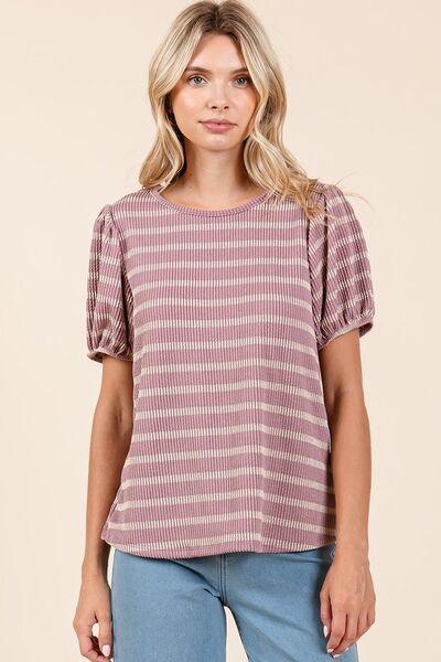 Mittoshop Contrast Striped Short Puff Sleeve Knit Top Tops