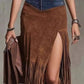 Denim Patchwork Fringe Maxi Skirt - DAVERRI FASHIONS