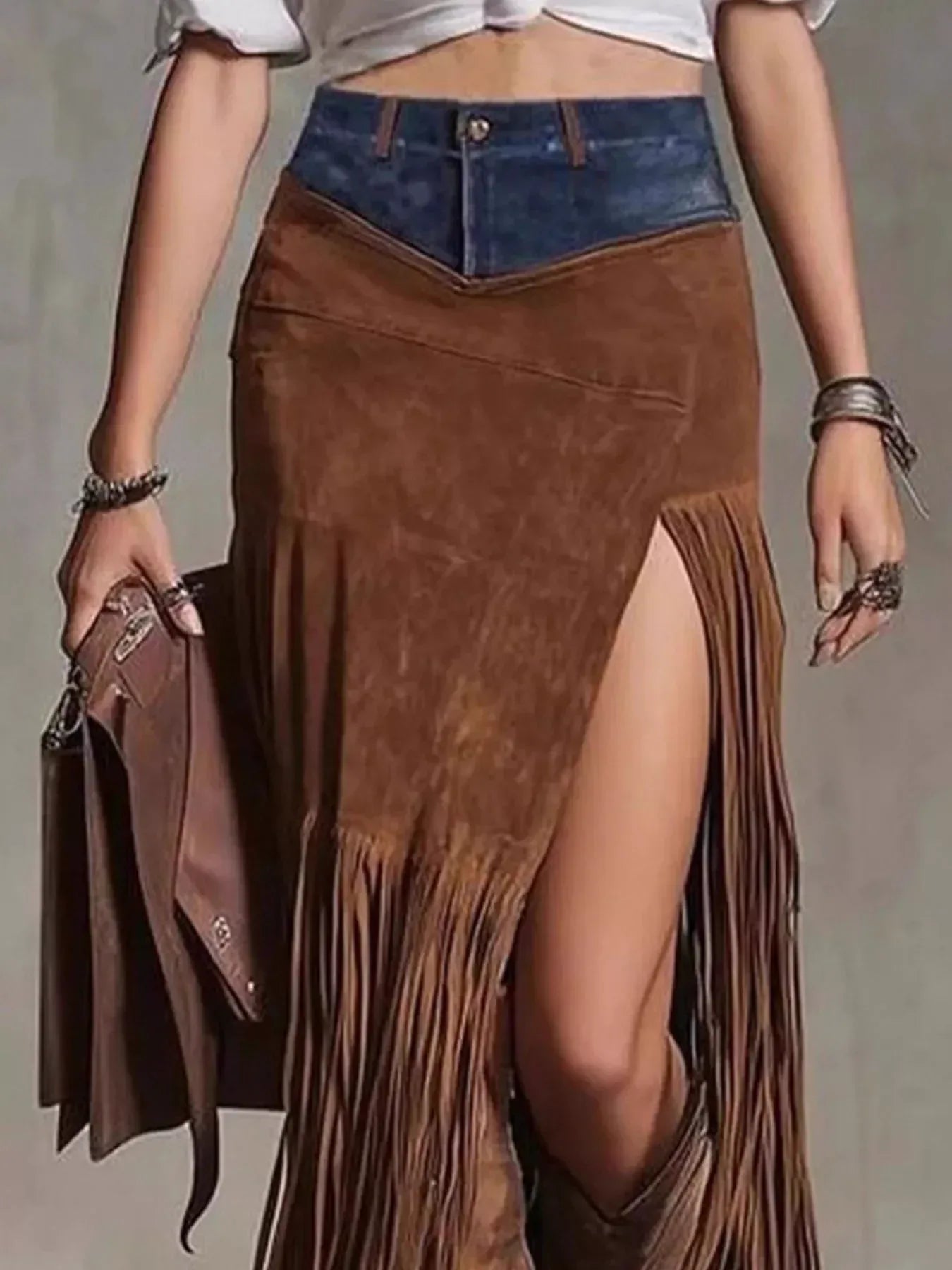 Denim Patchwork Fringe Maxi Skirt - DAVERRI FASHIONS