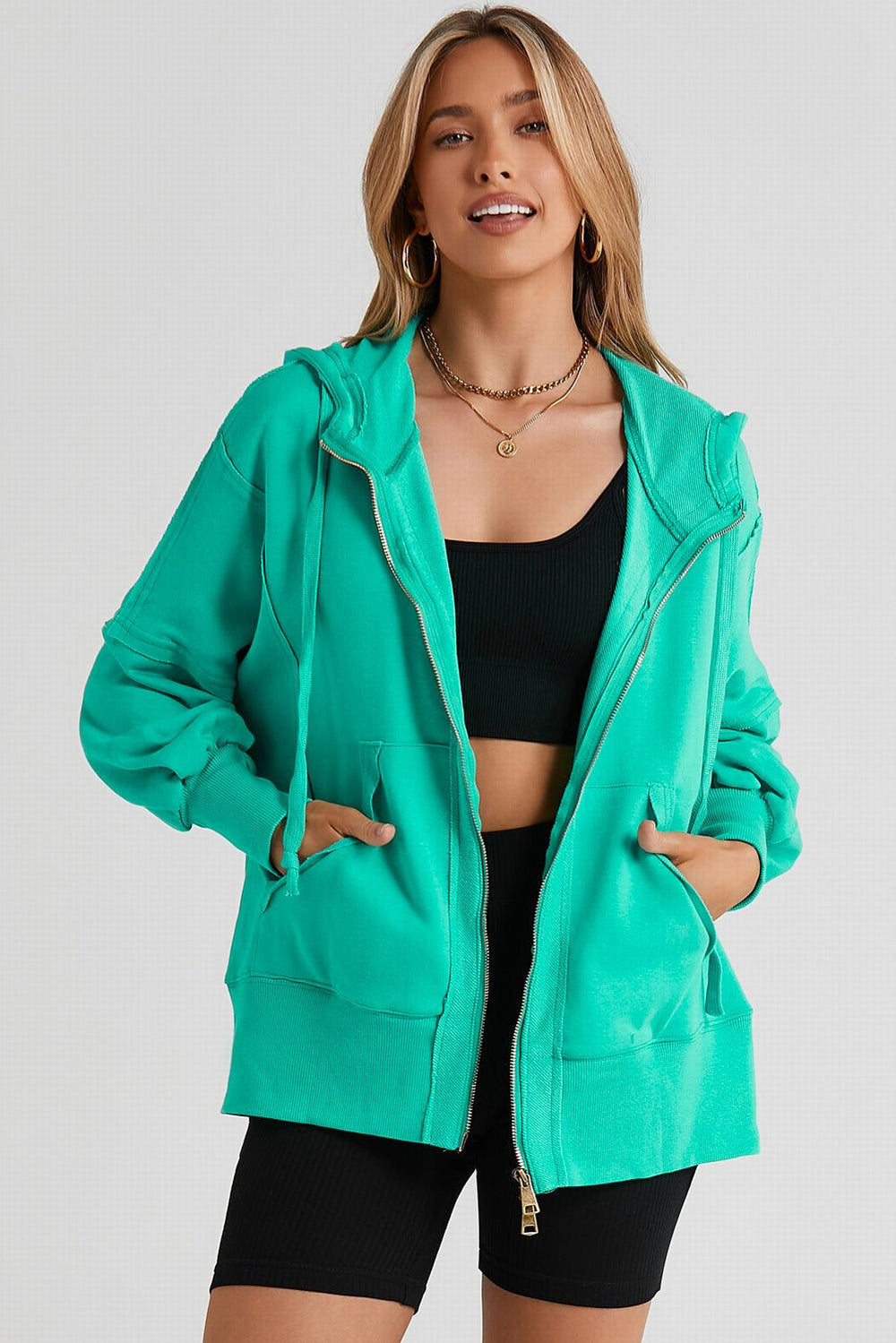 Zip Up Long Sleeve Drawstring Hoodie Teal Hoodies