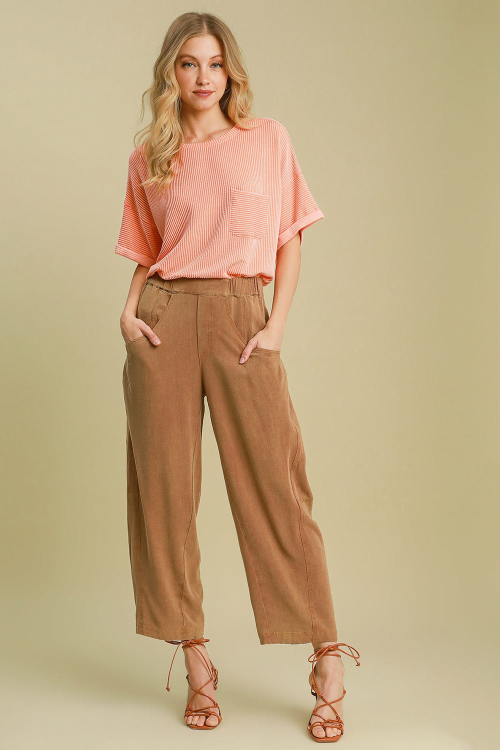 Umgee Elastic Waist Baggy Fit Pants with Pockets Pants