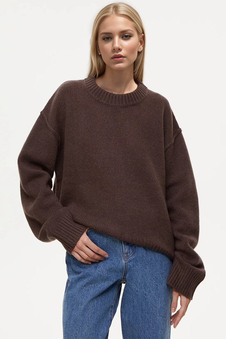 Basic Bae Round Neck Dropped Shoulder Sweater Dark Brown One Size Sweaters