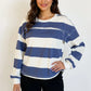 Oh Pima Cotton Wash Exposed Seam Contrast Striped Round Neck Long Sleeve T-Shirt Dusty Blue T-Shirts