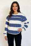 Oh Pima Cotton Wash Exposed Seam Contrast Striped Round Neck Long Sleeve T-Shirt - DAVERRI FASHIONS